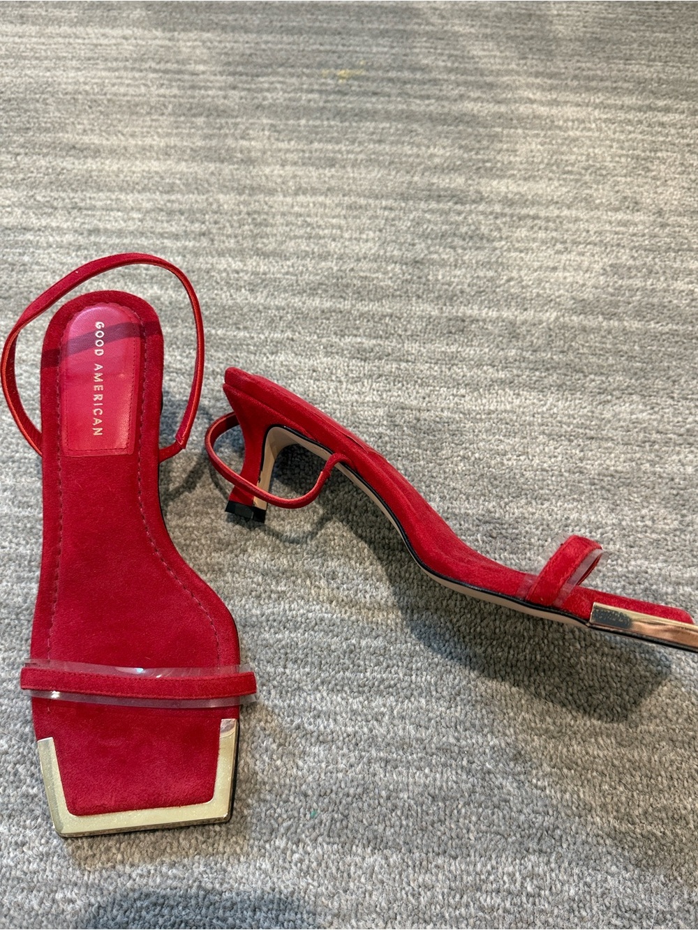 Good American Red Suede Square Toe Slingback Heels with Gold Trim